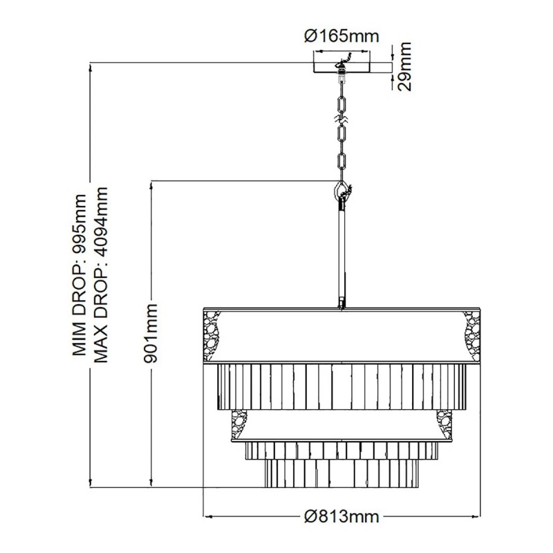 LAMPA WISZĄCA Reverie z 12 źródłami światła, dwa, jasnoszare, strukturalne pas, dekoracyjne kryształki, wykończenie w szampańskim złocie, wymiary