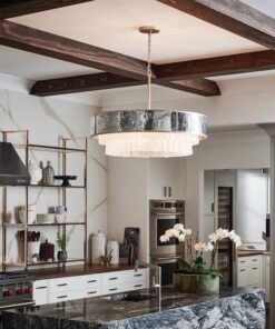 LAMPA WISZĄCA Reverie z 8 źródłami światła, jasnoszary, strukturalny pas, dekoracyjne kryształki, wykończenie w szampańskim złocie, do jadalni