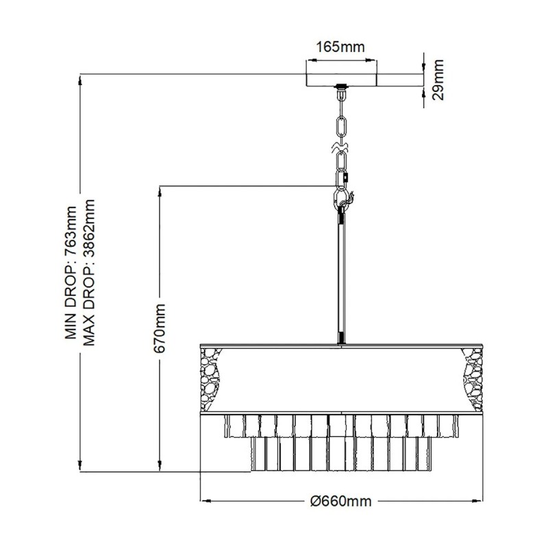 LAMPA WISZĄCA Reverie z 8 źródłami światła, jasnoszary, strukturalny pas, dekoracyjne kryształki, wykończenie w szampańskim złocie, wymiary