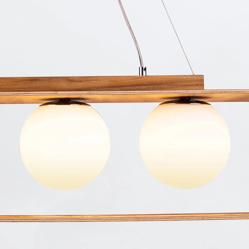 LAMPA WISZĄCA Sfera z ramą z forniru tekowego otaczająca mlecznobiały matowy klosz, trzy źródła światła, nowoczesny styl, ekskluzywna