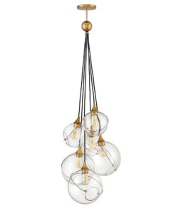 LAMPA WISZĄCA Skye z sześcioma źródłami światła, szklany kulisty klosz z metalowym, mosiężnym akcentem, nowoczesny styl