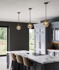 LAMPA WISZĄCA Triocent jednopunktowa, mosiężny stelaż, szklany klosz z drobnymi pęcherzykami powietrza, industrialny styl, do kuchni