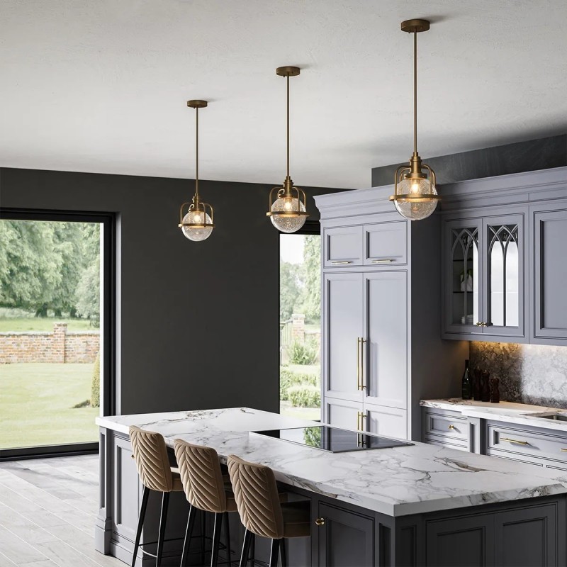 LAMPA WISZĄCA Triocent jednopunktowa, mosiężny stelaż, szklany klosz z drobnymi pęcherzykami powietrza, industrialny styl, do kuchni