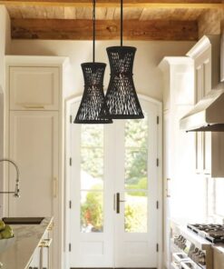LAMPA WISZĄCA Twyla jednopunktowa, czarna, ręcznie tkany klosz z naturalnych traw, nowoczesny, do kuchni