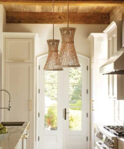 LAMPA WISZĄCA Twyla jednopunktowa, metalowy złoty stelaż, ręcznie tkany klosz z naturalnych traw, nowoczesny, do kuchni