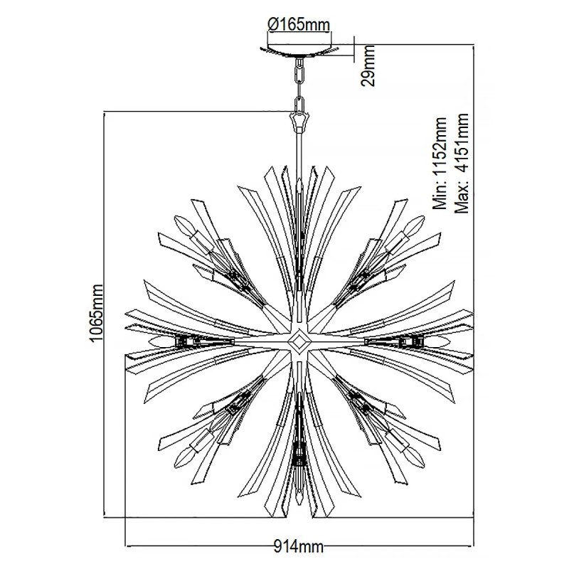 LAMPA WISZĄCA Vida duża z 13 źródłami światła, metalowo-kryształowa oprawa, wykończenie w oksydowanym złocie, klasyczny design, wymiary