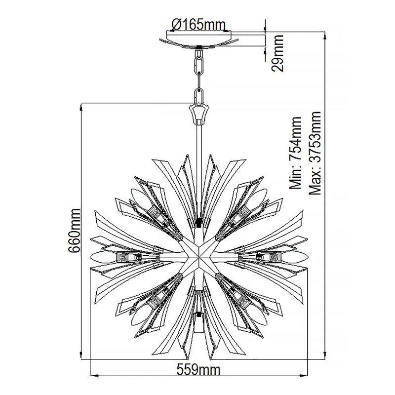LAMPA WISZĄCA Vida mała z 13 źródłami światła, metalowo-kryształowa oprawa, wykończenie w oksydowanym złocie, klasyczny design, wymiary