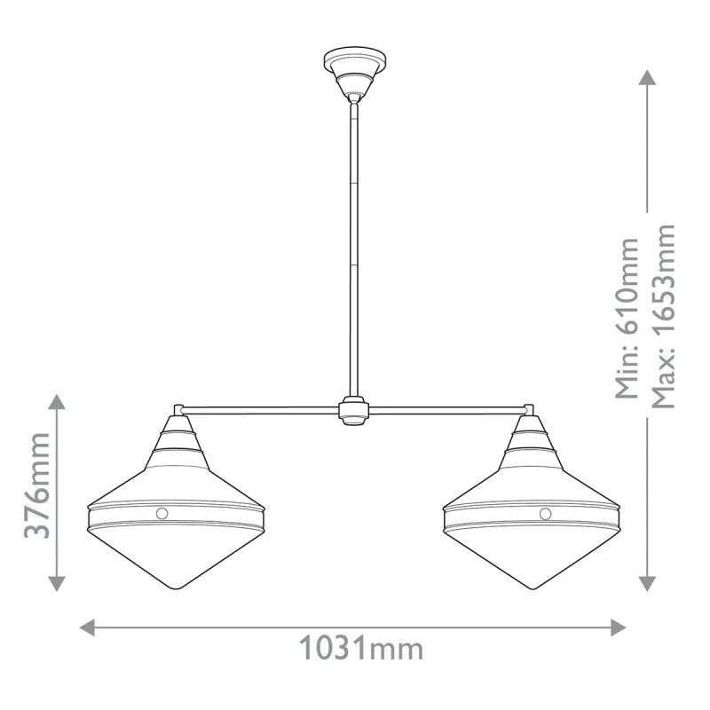 LAMPA WISZĄCA Willard z 2 źródłami światła, metalowy stelaż, szklany klosz w formie stożka, klasyczny styl, wymiary
