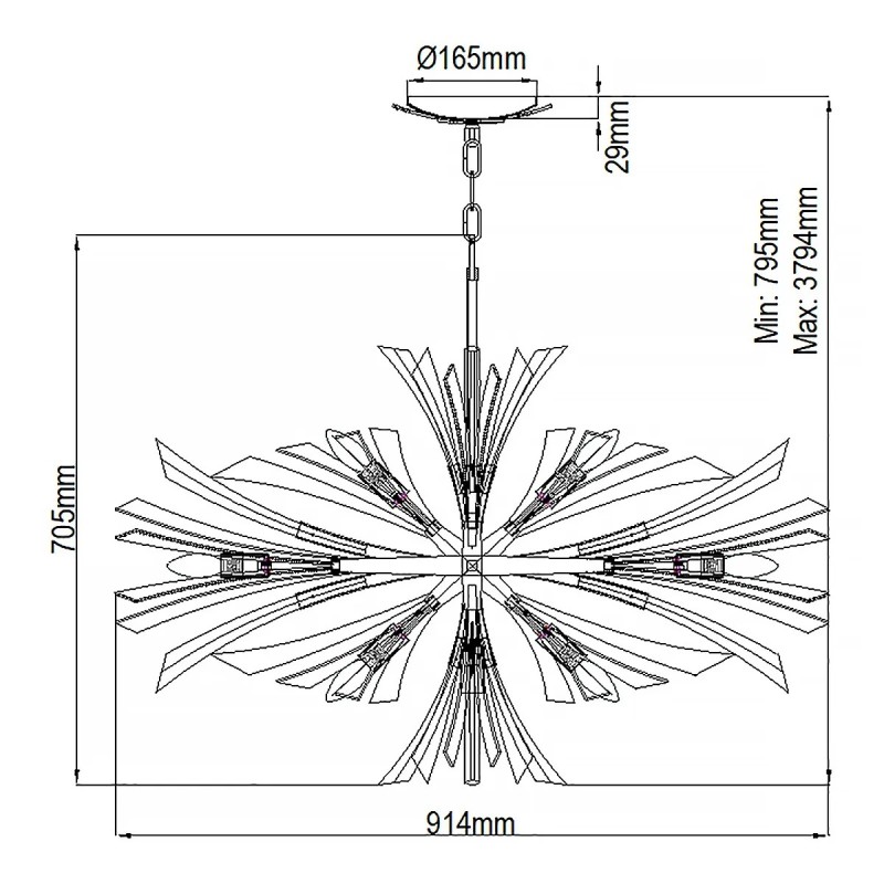 LAMPA WYSPOWA Vida z 13 źródłami światła, metalowo-kryształowa oprawa, wykończenie w oksydowanym złocie, klasyczny design, wymiary