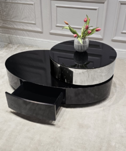 STOLIK KAWOWY Solari Ovale, obrotowy, czarno-srebrny, blat z czarnego szkła, designerski styl, piękny