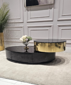 STOLIK KAWOWY Solari Ovale, obrotowy, czarno-złoty, blat z czarnego szkła, designerski styl