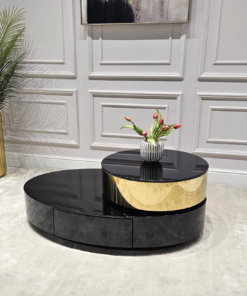 STOLIK KAWOWY Solari Ovale, obrotowy, czarno-złoty, blat z czarnego szkła, designerski styl, ekskluzywny