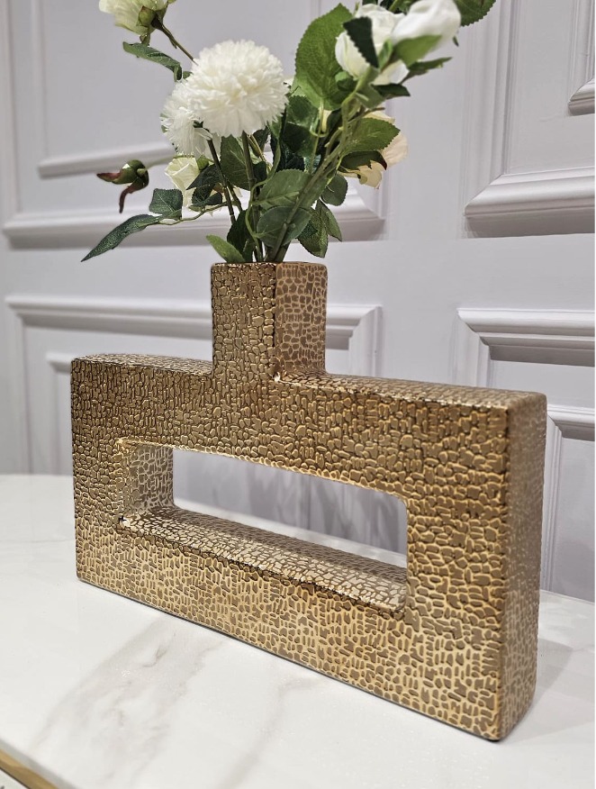 WAZON DEKORACYJNY złoty, ceramiczny, prostokątny z dziurą po środku, wyjątkowa faktura, nowoczesny styl, ekskluzywny