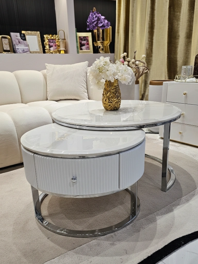 ZESTAW DWÓCH STOLIKÓW KAWOWYCH Anne Silver okrągłe, srebrne metalowe podstawy, jedna szuflada,biały, ryflowany korpus, blaty z konglomeratu marmurowego, piękne