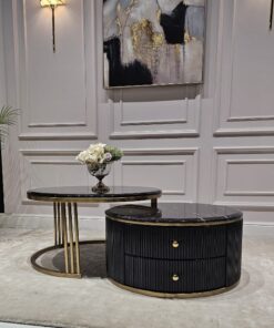 ZESTAW STOLIKÓW KAWOWYCH Anne Nero Fosco 2w1, blat z konglomeratu marmurowego, złoty szczotkowany stelaż, ryflowany korpus z szufladami, nowoczesny styl