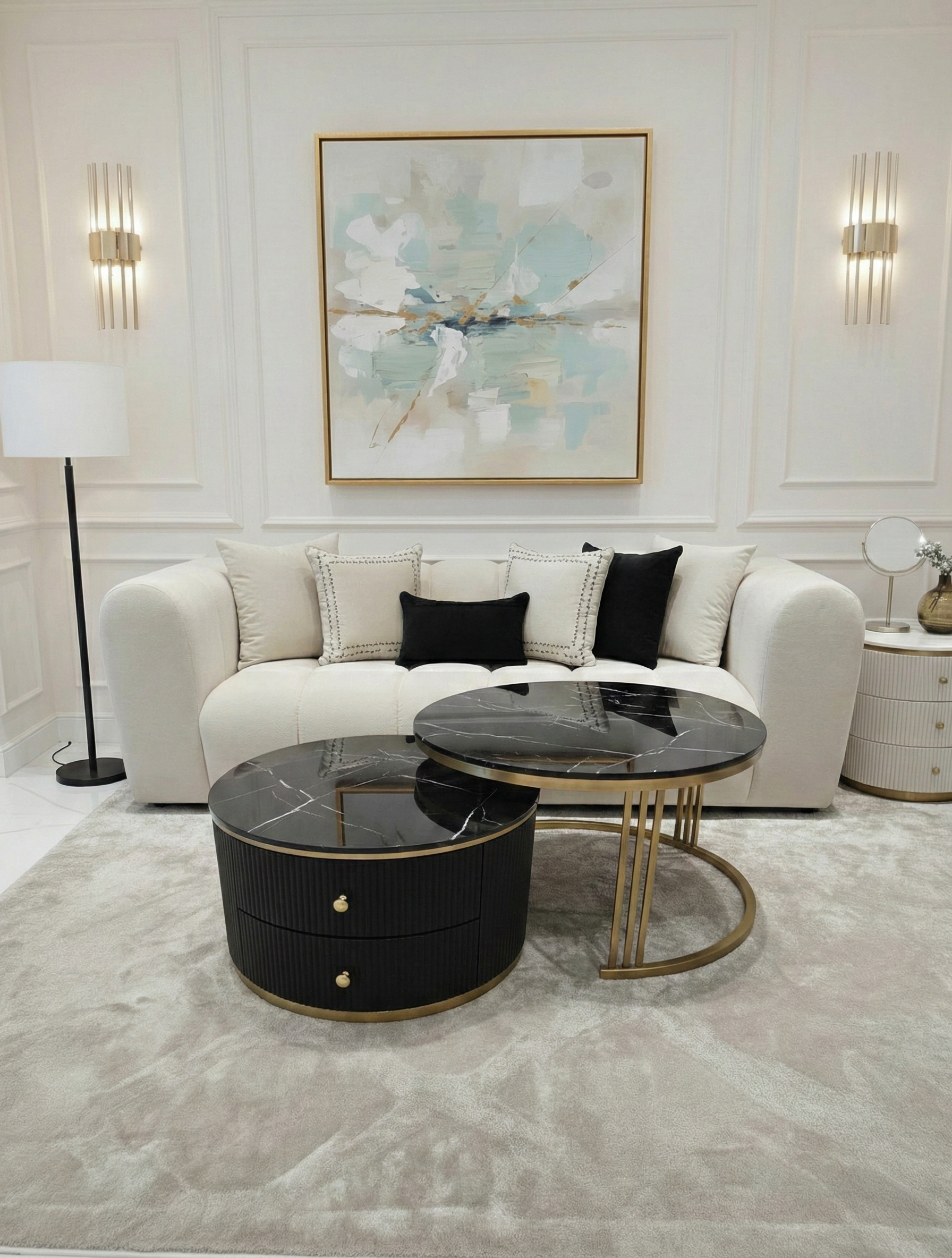 ZESTAW STOLIKÓW KAWOWYCH Anne Nero Fosco 2w1, blat z konglomeratu marmurowego, złoty szczotkowany stelaż, ryflowany korpus z szufladami, nowoczesny styl, wyjątkowy