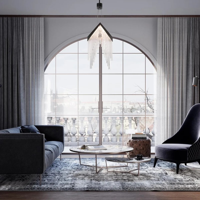 ŻYRANDOL VIVIEN w kształcie litery V, z matowo czarnym detalem i akrylowymi rurkami, nowoczesny design, do salonu