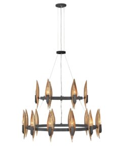 ŻYRANDOL Willow z 18 źródłami światła, czarna rama, złote liście otulające źródło światła, nowoczesna forma