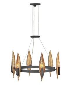 ŻYRANDOL Willow z 6 źródłami światła, czarna rama, złote liście otulające źródło światła, nowoczesna forma