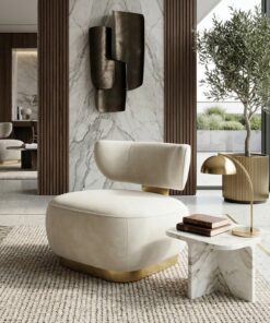 FOTEL WYPOCZYNKOWY z welurową, miękką tkaniną, złota błyszcząca podstawa oraz element łączący siedzisko z oparciem, styl loftowy