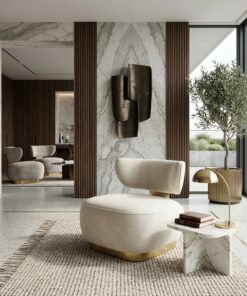 FOTEL WYPOCZYNKOWY z welurową, miękką tkaniną, złota błyszcząca podstawa oraz element łączący siedzisko z oparciem, styl loftowy, piękny