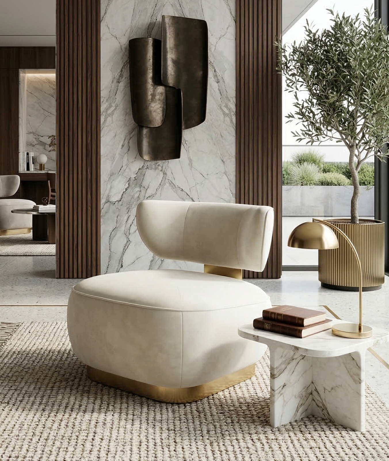 FOTEL WYPOCZYNKOWY z welurową, miękką tkaniną, złota błyszcząca podstawa oraz element łączący siedzisko z oparciem, styl loftowy FOTEL WYPOCZYNKOWY z welurową, miękką tkaniną, złota błyszcząca podstawa oraz element łączący siedzisko z oparciem, styl loftowy