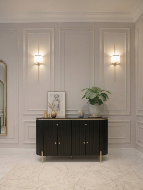 KOMODA Anne Nero Fosco czarna, ryflowana, złote, metalowe dodatki w szczotkowanym wykończeniu, blat z konglomeratu marmurowego, nowoczesny styl, do salonu
