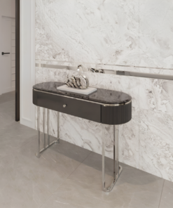 KONSOLA Anne Nero Silver na srebrnych, metalowych nogach, czarny ryflowany korpus i blat z konglomeratu marmurowego, praktyczna szuflada - 120 cm