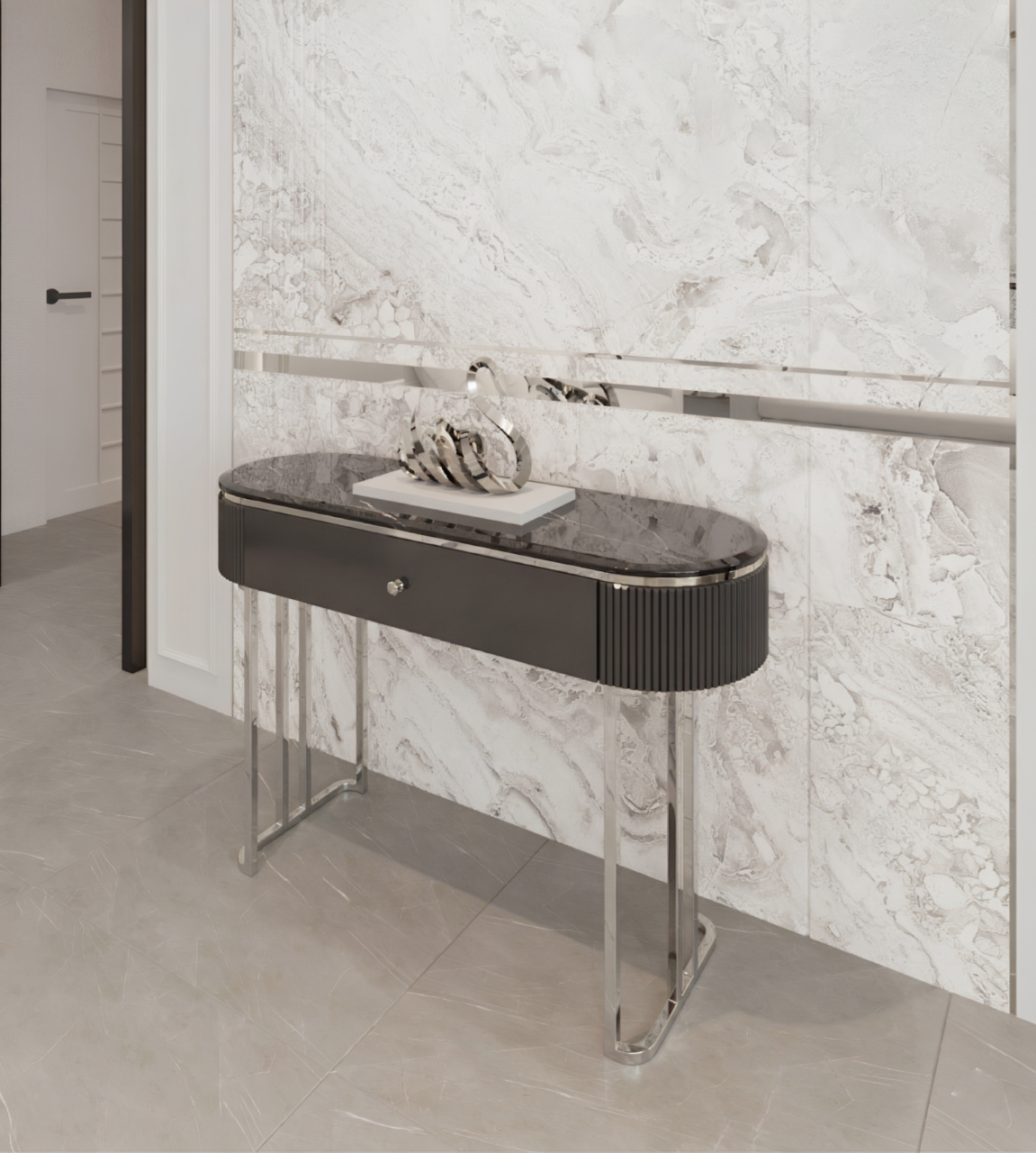 KONSOLA Anne Nero Silver na srebrnych, metalowych nogach, czarny ryflowany korpus i blat z konglomeratu marmurowego, praktyczna szuflada - 120 cm KONSOLA Anne Nero Silver na srebrnych, metalowych nogach, czarny ryflowany korpus i blat z konglomeratu marmurowego, praktyczna szuflada - 120 cm