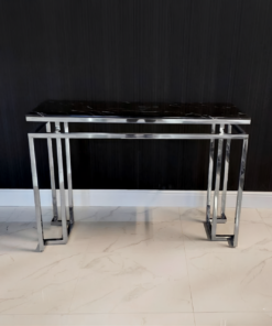 KONSOLA Castillo na srebrnym stelażu o geometrycznych kształtach, czarny blat z konglomeratu marmurowego, nowoczesny styl