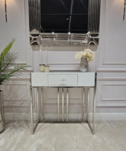 KONSOLA LOUVRE z jedną szufladą, srebrny stelaż, biały korpus w wysokim połysku, styl glamour