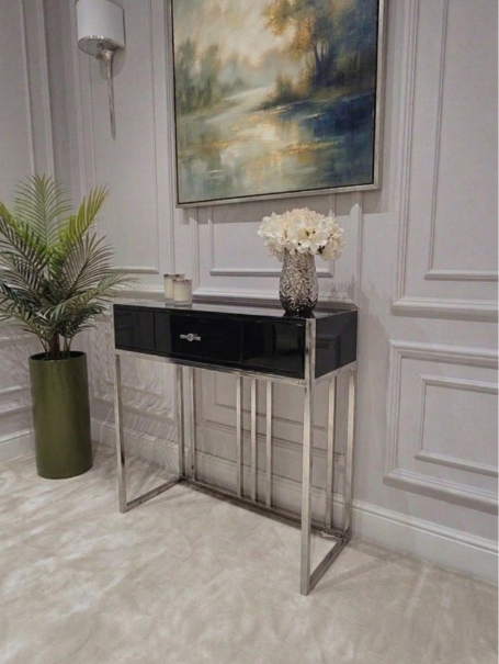 KONSOLA LOUVRE z jedną szufladą, srebrny stelaż, czarny korpus w wysokim połysku, nowoczesny styl, ekskluzywna