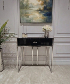 KONSOLA LOUVRE z jedną szufladą, srebrny stelaż, czarny korpus w wysokim połysku, nowoczesny styl, piękna