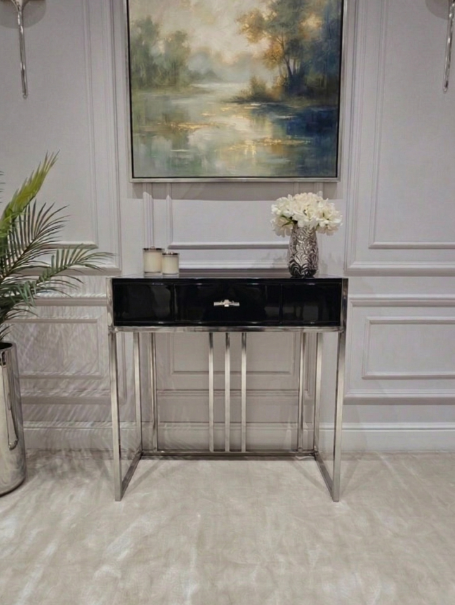 KONSOLA LOUVRE z jedną szufladą, srebrny stelaż, czarny korpus w wysokim połysku, nowoczesny styl, piękna