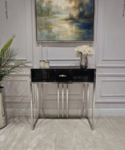 KONSOLA LOUVRE z jedną szufladą, srebrny stelaż, czarny korpus w wysokim połysku, nowoczesny styl, piękna