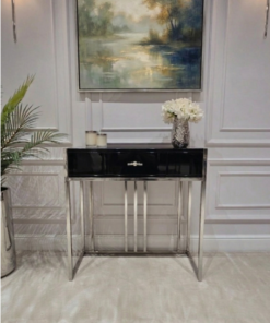 KONSOLA LOUVRE z jedną szufladą, srebrny stelaż, czarny korpus w wysokim połysku, nowoczesny styl