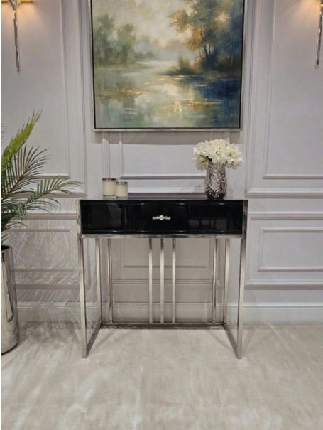 KONSOLA LOUVRE z jedną szufladą, srebrny stelaż, czarny korpus w wysokim połysku, nowoczesny styl