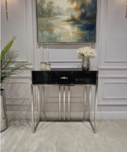 KONSOLA LOUVRE z jedną szufladą, srebrny stelaż, czarny korpus w wysokim połysku, nowoczesny styl