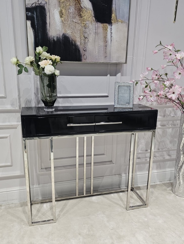 KONSOLA Naomi z dwiema szufladami, czarny połyskujący blat, srebrny stelaż, styl glamour