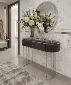 KONSOLA Nero Silver czarna, ryflowana, srebrne błyszczące elementy, blat z konglomeratu marmurowego – 120 cm