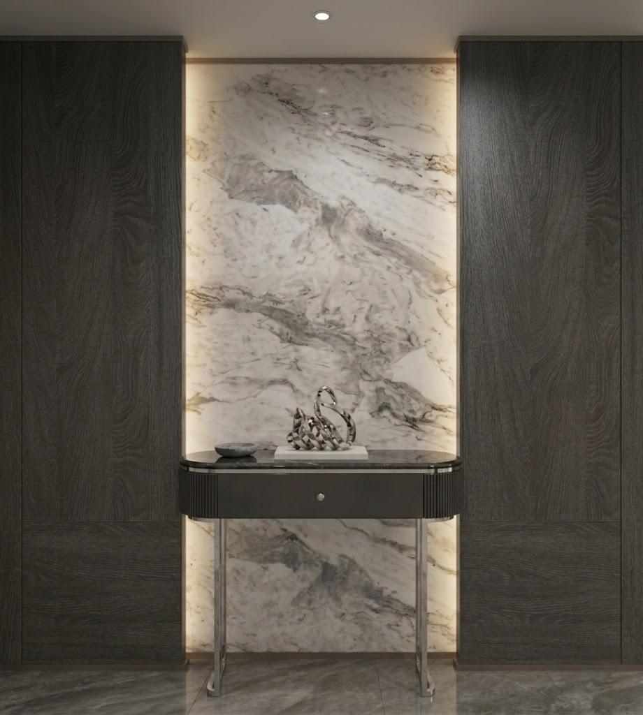 KONSOLA Nero Silver czarna, ryflowana, srebrne błyszczące elementy, blat z konglomeratu marmurowego – 120 cm, wyjątkowa