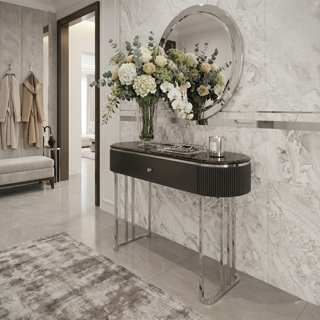 KONSOLA Nero Silver czarna, ryflowana, srebrne błyszczące elementy, blat z konglomeratu marmurowego – 120 cm