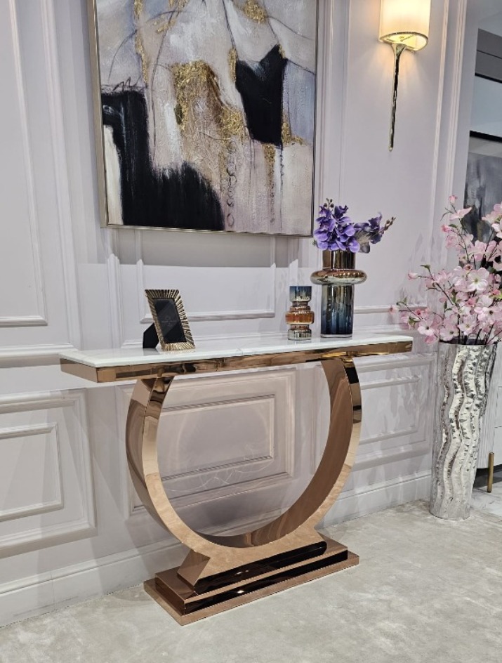 KONSOLA RING na dostojnej, okrągłej podstawie w kolorze różowego złota, blat z konglomeratu marmurowego, glamour - 120 cm, ekskluzywna