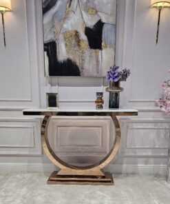 KONSOLA RING na dostojnej, okrągłej podstawie w kolorze różowego złota, blat z konglomeratu marmurowego, glamour - 120 cm, piękna