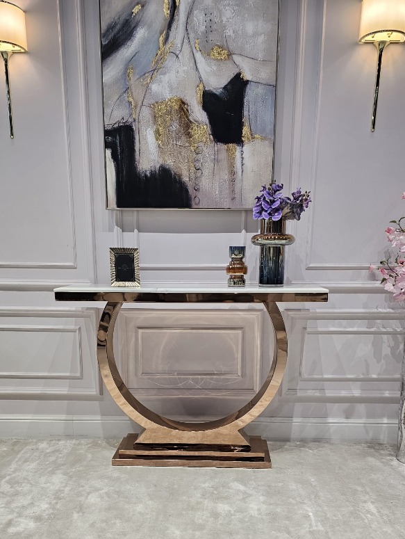 KONSOLA RING na dostojnej, okrągłej podstawie w kolorze różowego złota, blat z konglomeratu marmurowego, glamour - 120 cm, piękna