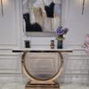 KONSOLA RING na dostojnej, okrągłej podstawie w kolorze różowego złota, blat z konglomeratu marmurowego, glamour - 120 cm, piękna