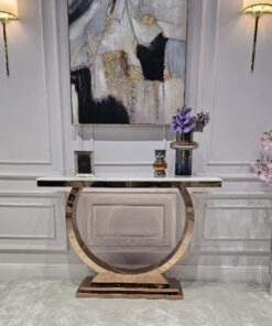 KONSOLA RING na dostojnej, okrągłej podstawie w kolorze różowego złota, blat z konglomeratu marmurowego, glamour - 120 cm, piękna