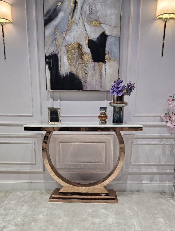 KONSOLA RING na dostojnej, okrągłej podstawie w kolorze różowego złota, blat z konglomeratu marmurowego, glamour - 120 cm, piękna