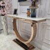KONSOLA RING na dostojnej, okrągłej podstawie w kolorze różowego złota, blat z konglomeratu marmurowego, glamour - 120 cm