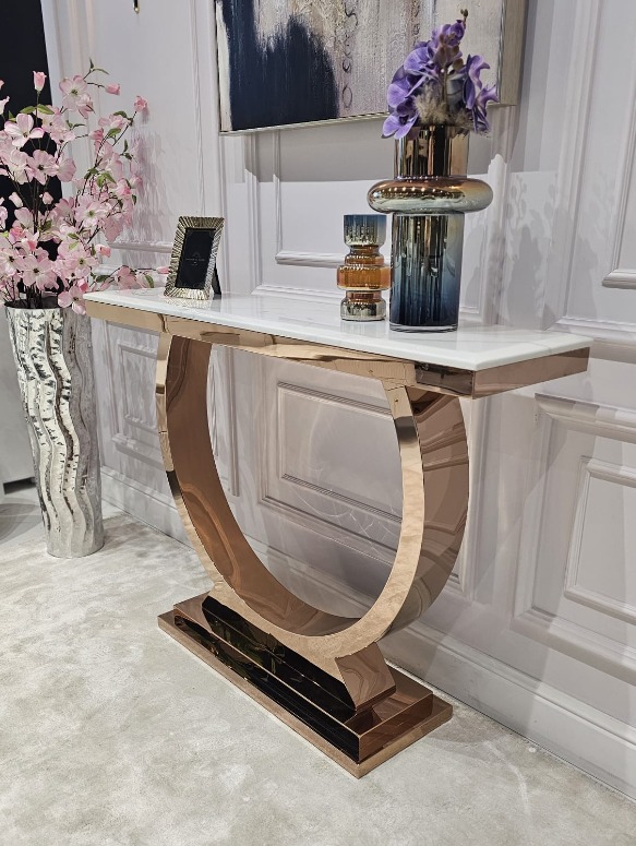 KONSOLA RING na dostojnej, okrągłej podstawie w kolorze różowego złota, blat z konglomeratu marmurowego, glamour - 120 cm